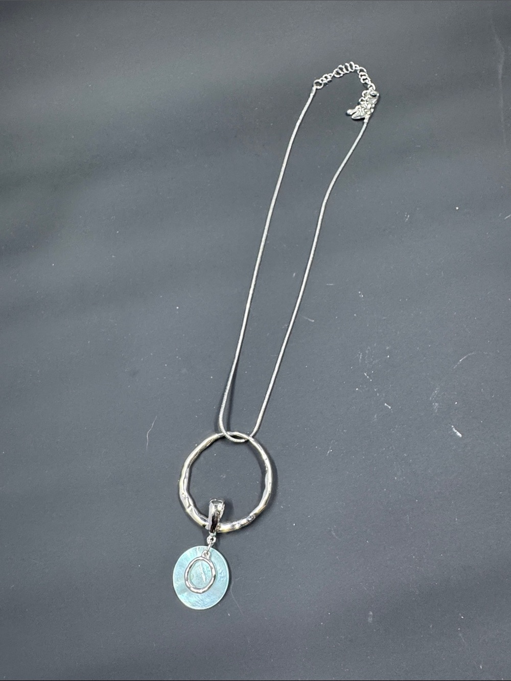 Sterling Silver Tone Circle Pendant Necklace with Aqua Disc